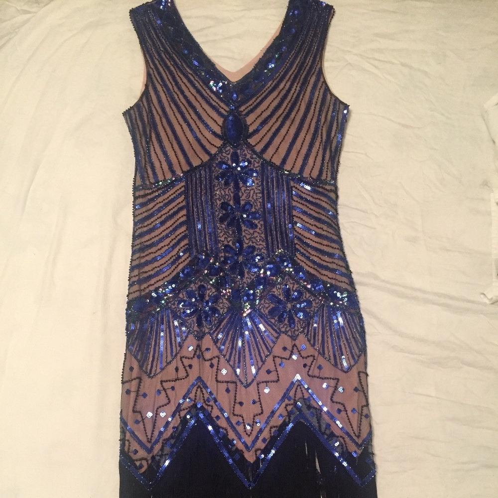 NWOT 1920s Blue & Beige Flapper Great Gatsby Dress